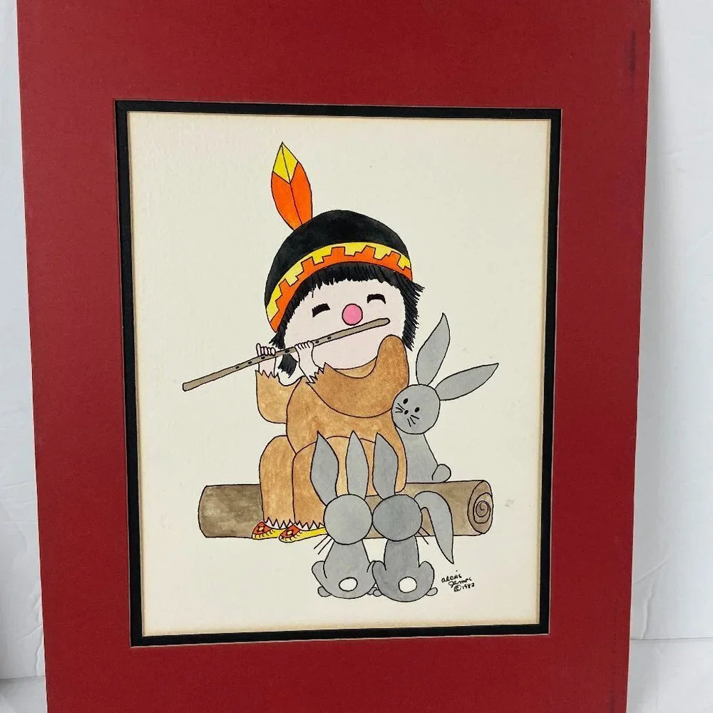 NEW Vintage 1987s Artist Alexis James Watercolor Print Native American Boy
